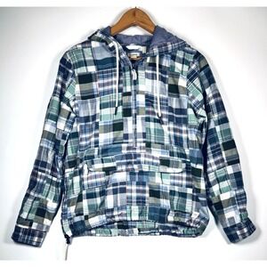 LL Bean Anorak Jacket Small Petite Blue Green Madras Patchwork Hooded Pullover